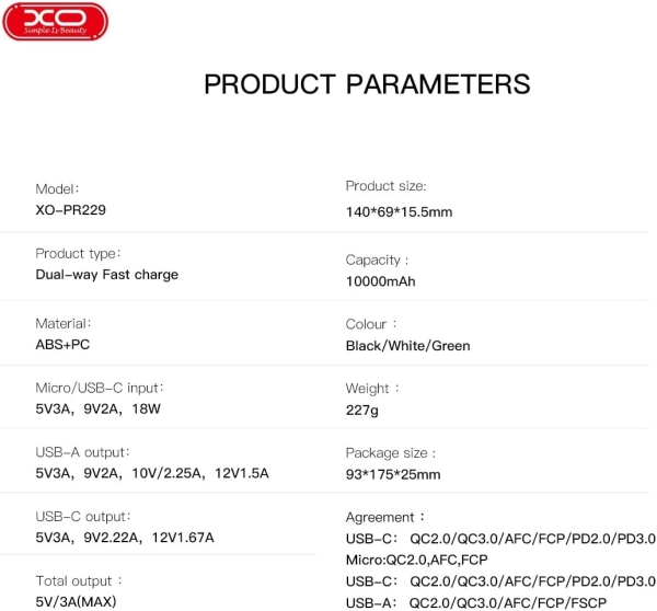 XO PR229 10000 mAh Powerbank — ürün görseli 10