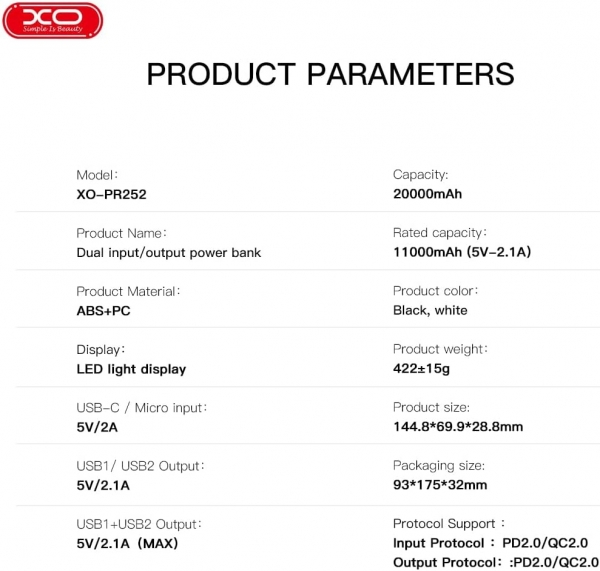 XO PR252 20000 mAh Powerbank — ürün görseli 6
