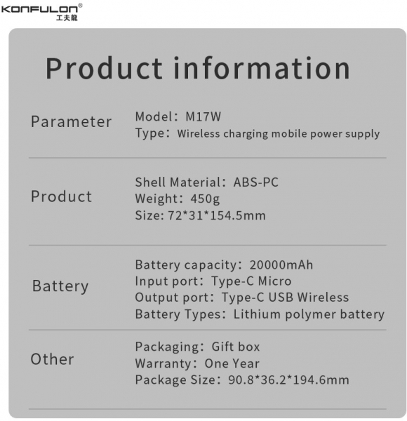 Konfulon M17W 20000 mAh Powerbank — ürün görseli 4