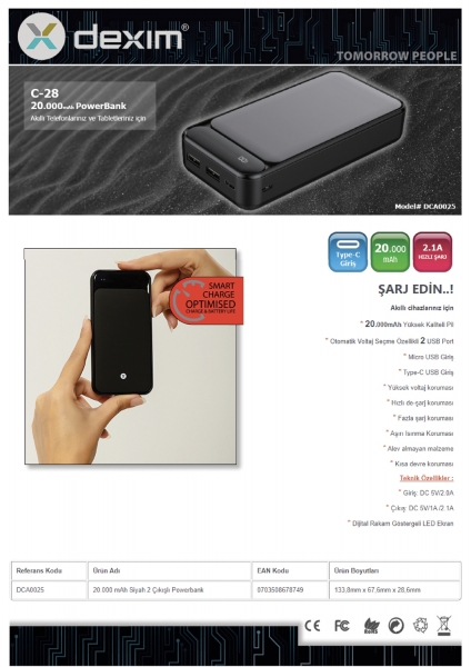 Dexim C-28 20000 mAh Powerbank (DCA0025) — ürün görseli 2