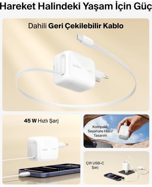 Belkin UltraCharge Retractable GaN 45W Şarj Aleti (WCH023KQ) — ürün görseli 4