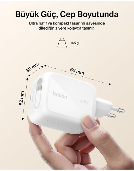 Belkin UltraCharge Retractable GaN 45W Şarj Aleti (WCH023KQ) — ürün görseli 9