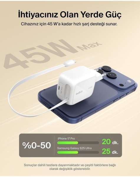 Belkin UltraCharge Retractable GaN 45W Şarj Aleti (WCH023KQ) — ürün görseli 6