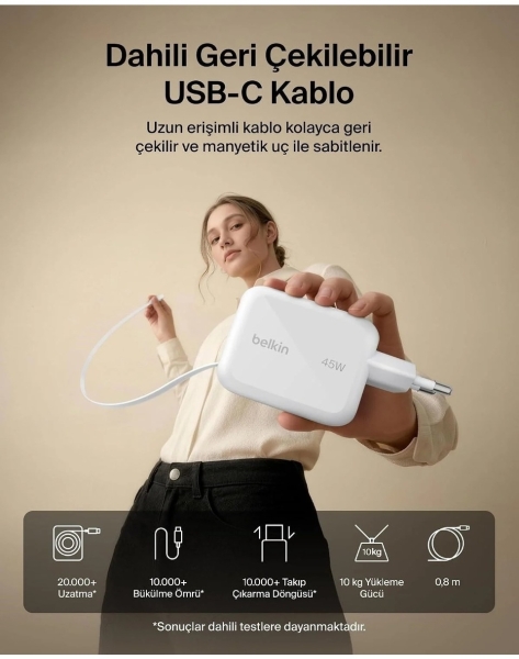 Belkin UltraCharge Retractable GaN 45W Şarj Aleti (WCH023KQ) — ürün görseli 5