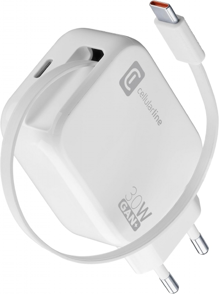 Cellularline Retractable Power 30W Şarj Aleti (ACHROLLUSBCGAN30WW)