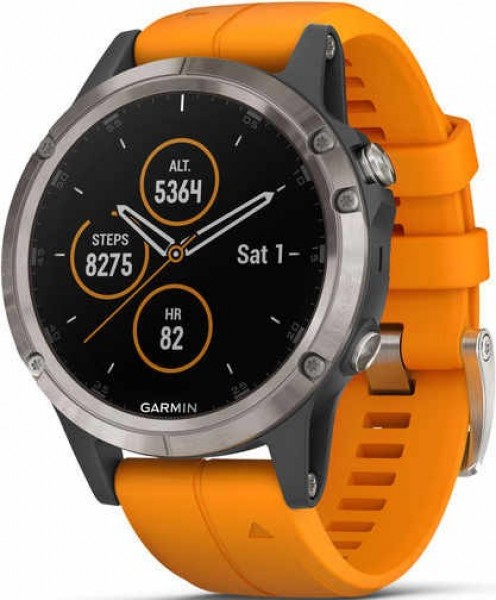 Garmin Fenix 5 Plus Sapphire Titanium with Solar Flare Orange Band Aktivite Saati (Silikon) (010-01988-04)