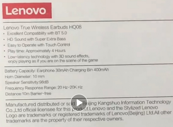 Lenovo HQ08 Tam Kablosuz Kulaklık — ürün görseli 4